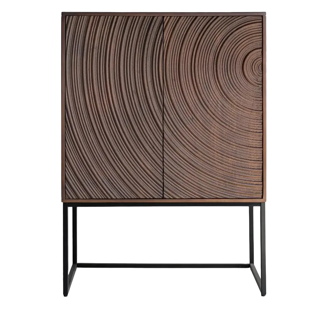 Aparador Ocaso nogal oscuro en madera de mango y hierro frentes con relieve circular puertas con cierre suave y patas elevadas 85x45x120cm - Giner y Colomer - 2398GYC - foto-transparente