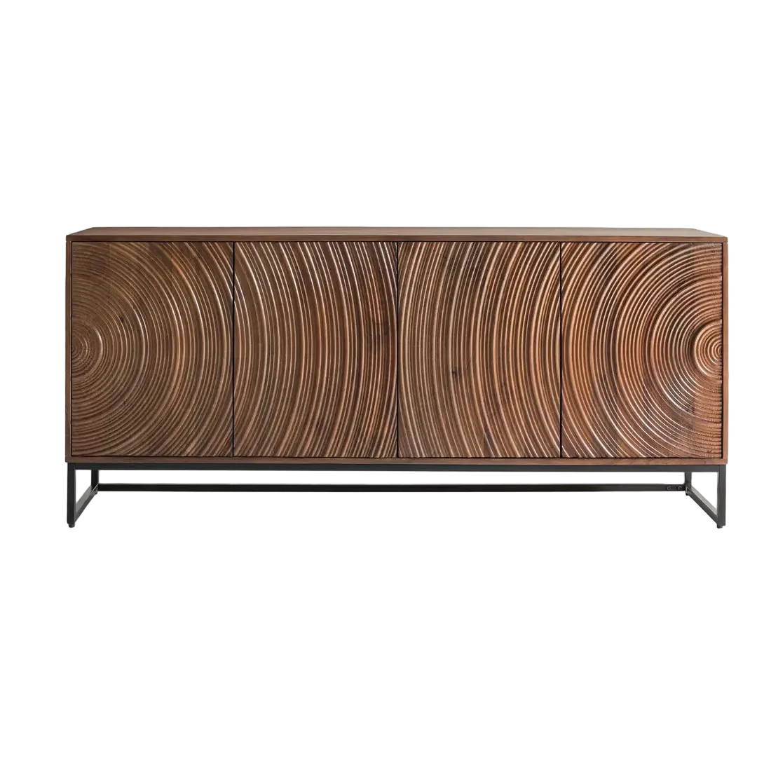 Aparador Ocaso madera de mango y hierro acabado nogal oscuro relieves circulares 4 puertas con estante y cierre suave patas elevadas de hierro estilo moderno 170x40x75cm - Giner y Colomer - 2399GYC - foto-transparente