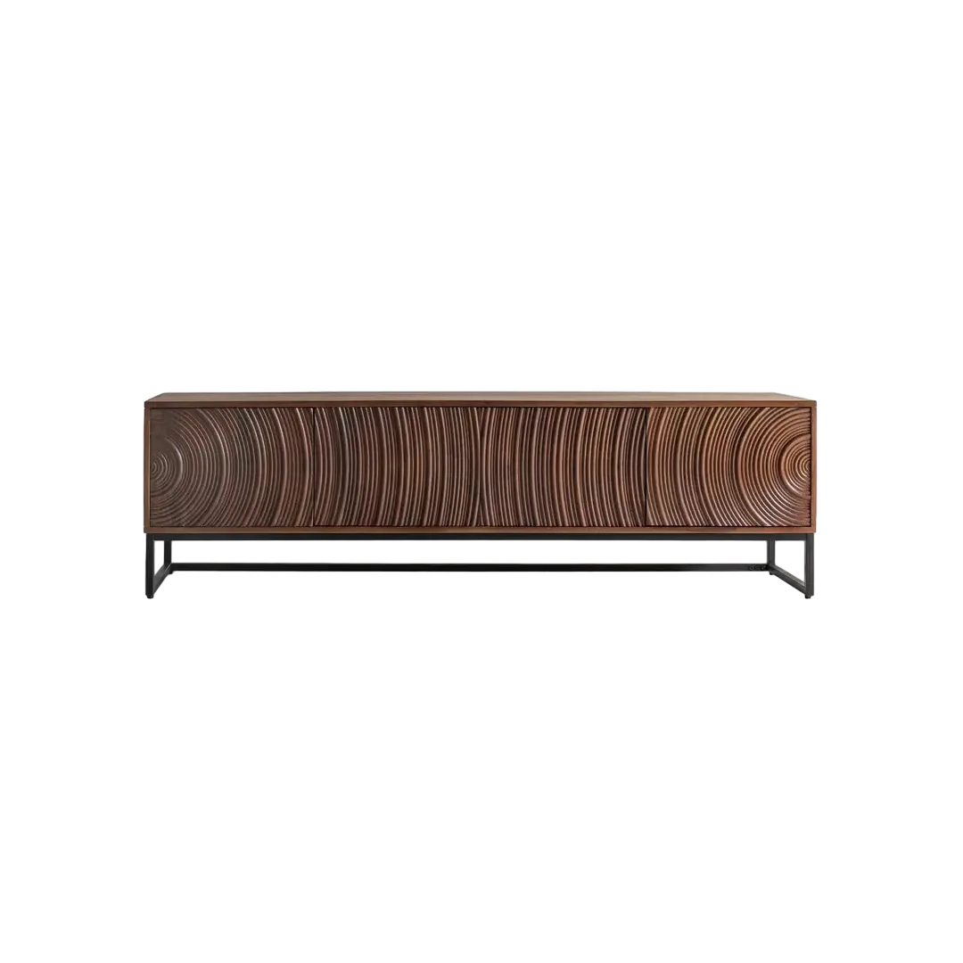 Mueble TV Ocaso madera de mango y hierro diseño moderno frentes con relieves circulares nogal satinado 4 puertas con estante y cierre suave patas de hierro elevadas 170x40x50cm - Giner y Colomer - 2400GYC - foto-transparente