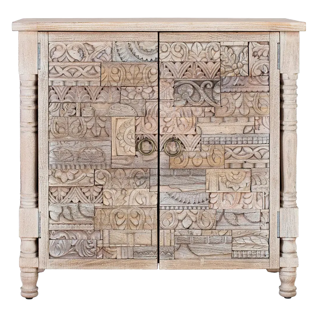 Aparador Origen en roble recuperado gris lavado con pátina envejecida estilo boho étnico 2 puertas 2 estantes patas elevadas barniz mate sostenible 90x40x86cm - Giner y Colomer - 2403GYC - foto-transparente