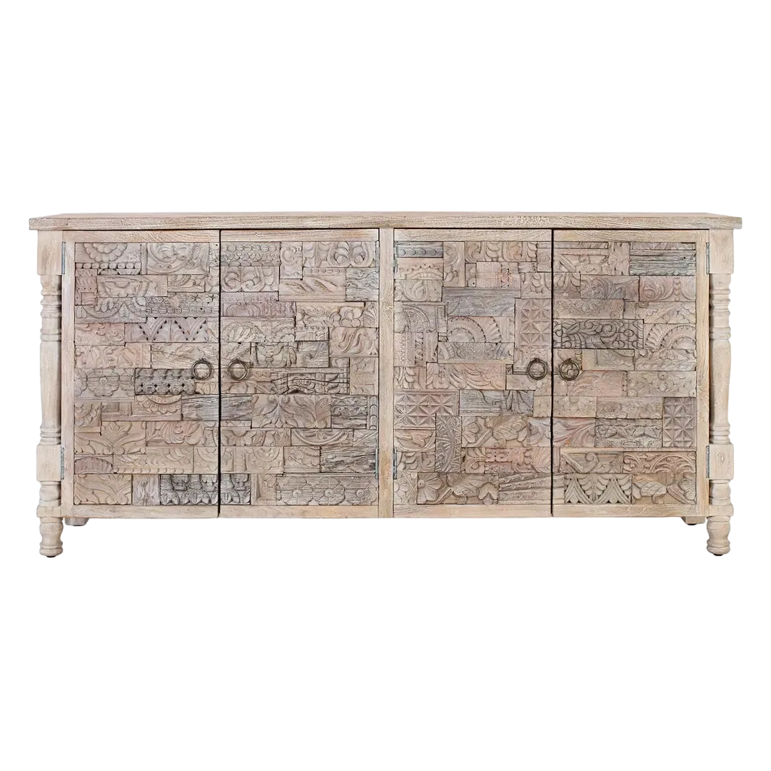 Aparador Origen en roble recuperado gris lavado con pátina envejecida 4 puertas y 4 estantes interiores patas elevadas barniz mate estilo boho étnico 180x80x86cm - Giner y Colomer - 2404GYC - foto-transparente