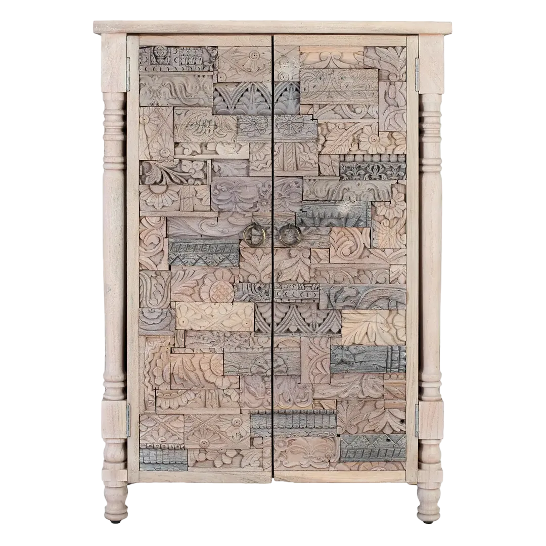 Armario Origen roble recuperado gris lavado pátina envejecida 2 puertas 3 estantes estilo boho étnico patas elevadas barniz mate 85x40x120cm - Giner y Colomer - 2405GYC - foto-transparente