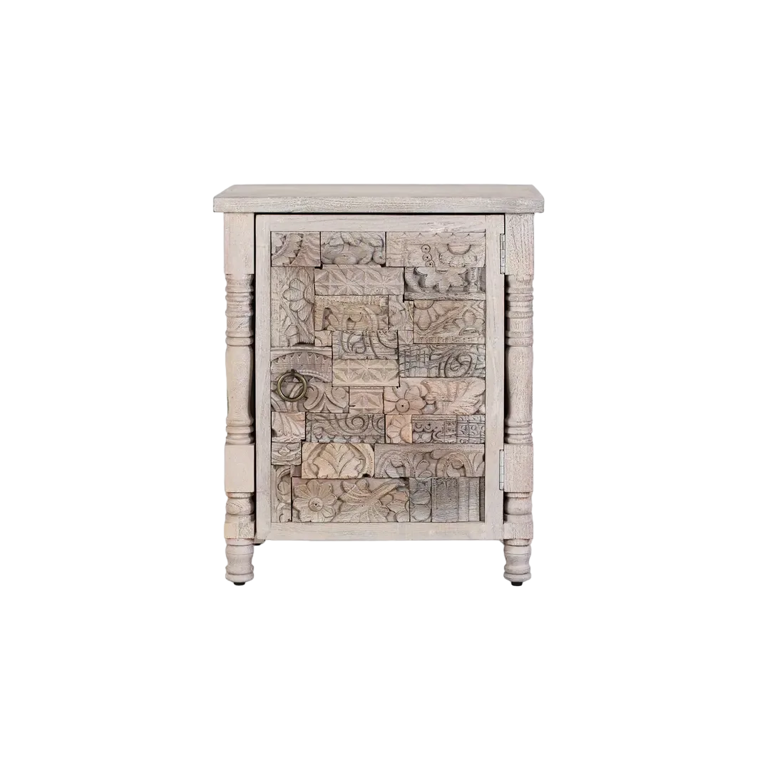 Mesita de noche Origen roble recuperado gris lavado con pátina envejecida puerta abatible y estante interior apertura derecha o izquierda líneas boho étnicas 55x35x66cm - Giner y Colomer - 2407GYC - foto-transparente