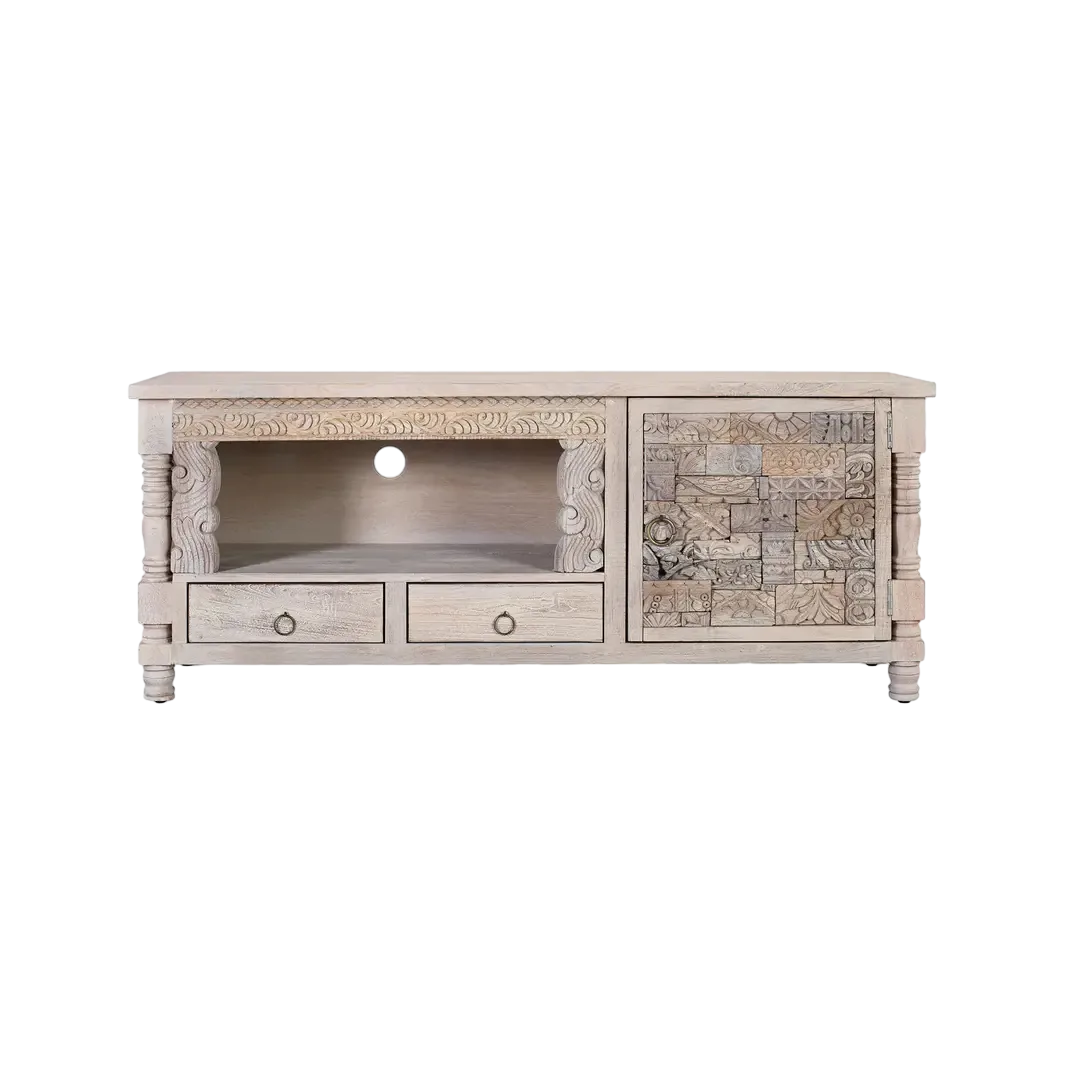 Mueble de TV Origen en roble recuperado gris lavado con 1 puerta 2 cajones y estante abierto 150x40x61cm - Giner y Colomer - 2408GYC - foto-transparente