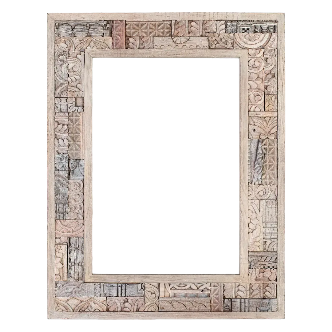 Espejo Origen marco de madera de roble recuperada y cristal acabado gris lavado con pátina envejecida y natural blanqueado formato rectangular grande estilo boho étnico 85x4x110cm - Giner y Colomer - 2409GYC - foto-transparente