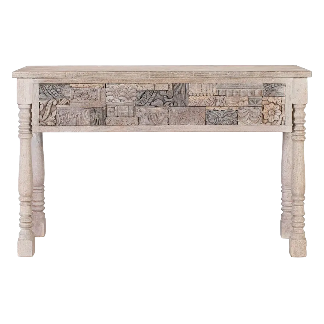 Consola Origen roble recuperado gris lavado pátina envejecida estilo boho étnico 120x35x75cm - Giner y Colomer - 2410GYC - foto-transparente
