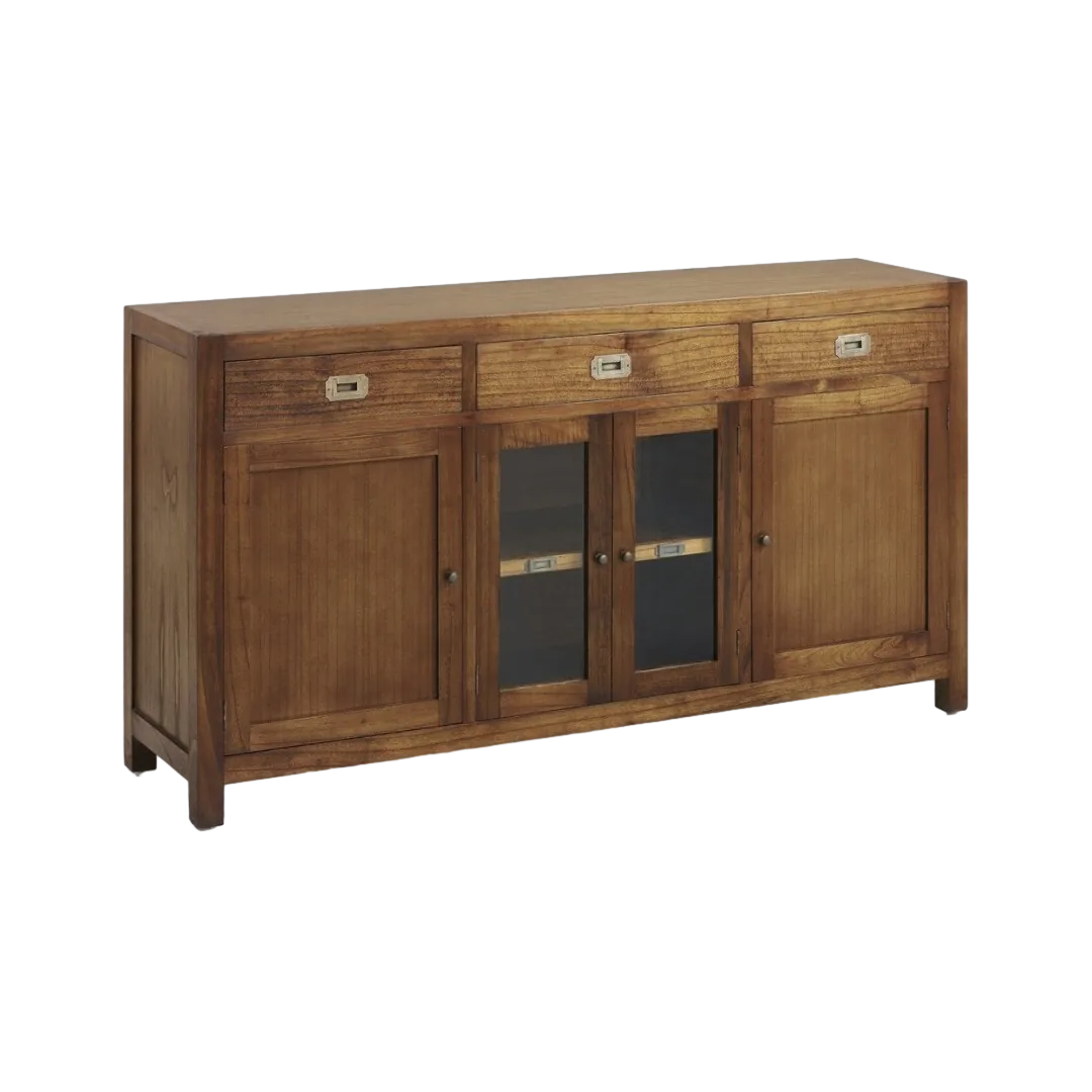 Bufet en mindi con 3 cajones 2 puertas de madera 2 puertas de cristal 3 estantes y accesorios de bronce 160x40x85cm - Moycor - 30001MYC - foto-transparente