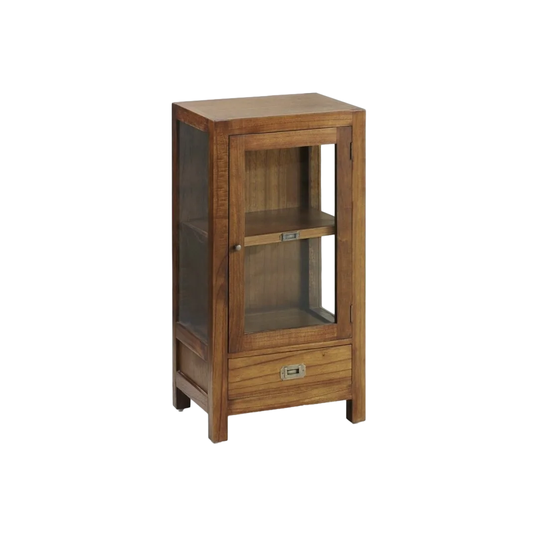 Vitrina auxiliar en madera de mindi con cajón puerta de cristal y detalles en bronce 50x30x100cm - Moycor - 30002MYC - foto-transparente