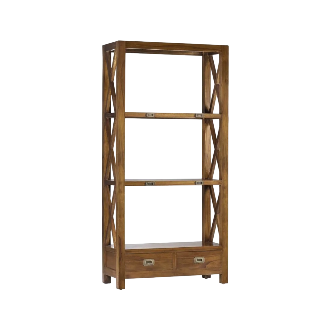 Librería en madera de mindi con estructura maciza 2 cajones y 3 estantes y accesorios de bronce 80x35x165cm - Moycor - 30004MYC - foto-transparente