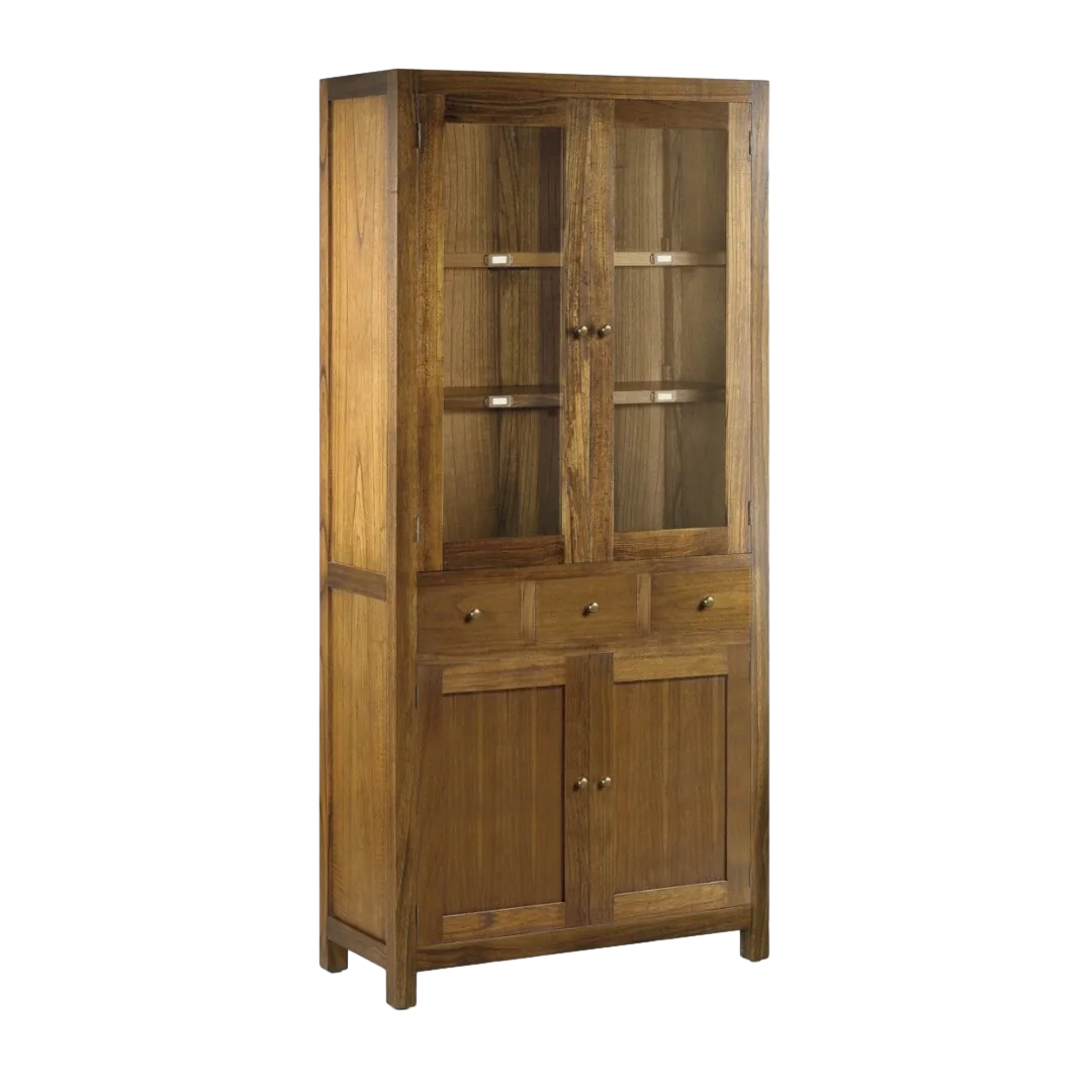 Vitrina en mindi maciza con accesorios de bronce 4 puertas con las superiores de cristal 3 cajones y cajón secreter 90x40x190cm - Moycor - 30006MYC - foto-transparente