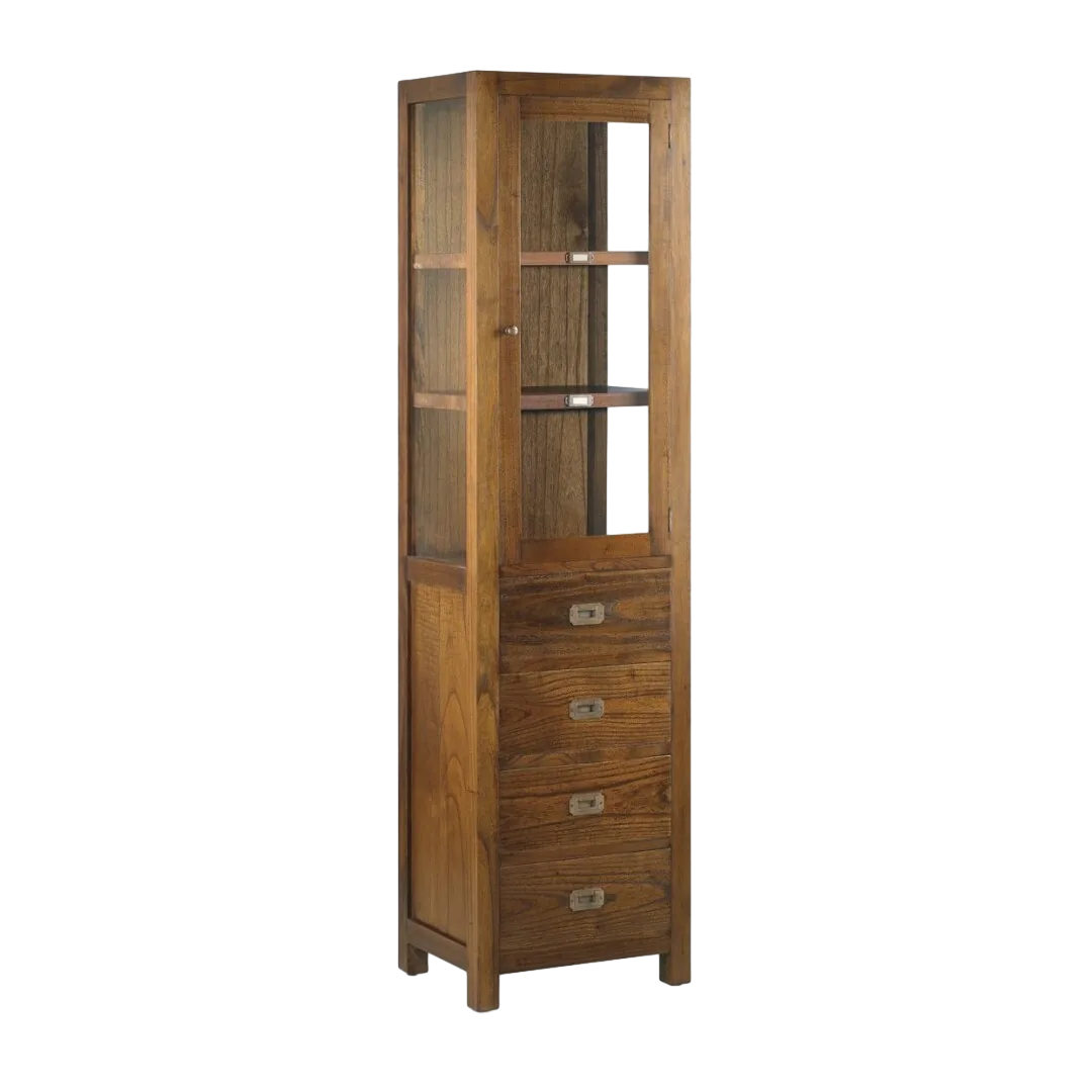 Vitrina estrecha artesanal de mindi maciza con 4 cajones y puerta de cristal 50x40x190cm - Moycor - 30010MYC - foto-transparente
