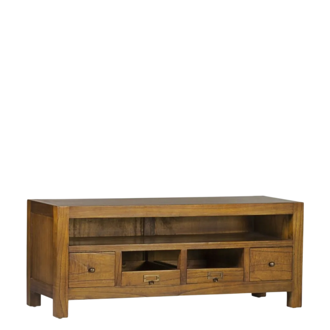 Mueble TV en madera de mindi maciza con 4 cajones 1 hueco y cajón secreter con accesorios de bronce 110x40x45cm - Moycor - 30013MYC - foto-transparente
