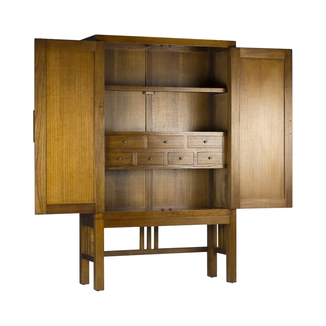 Aparador en mindi madera maciza con 7 cajones 2 puertas y cajón secreter accesorios de bronce 120x40x180cm - Moycor - 30014MYC - foto-transparente