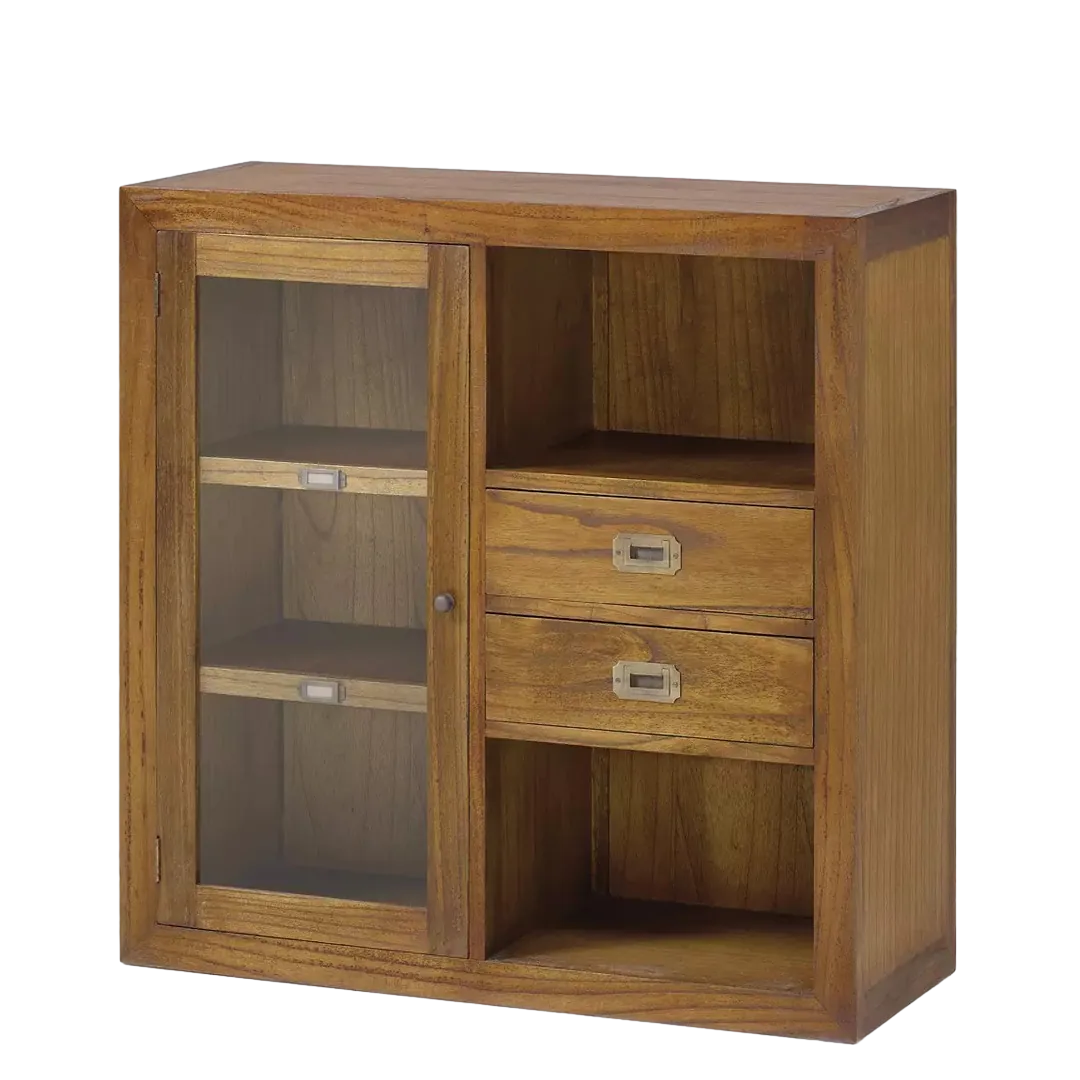 Vitrina auxiliar Combi en mindi con 2 cajones 1 puerta 4 estantes y tiradores de bronce 90x35x90cm - Moycor - 301911IMYC - foto-transparente