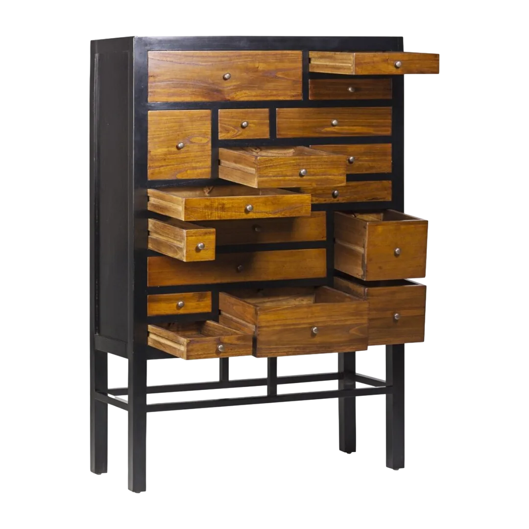 Cajonera negra de mindi 18 cajones de distintos tamaños madera maciza accesorios de bronce 100x40x145cm - Moycor - 30900MYC - foto-transparente