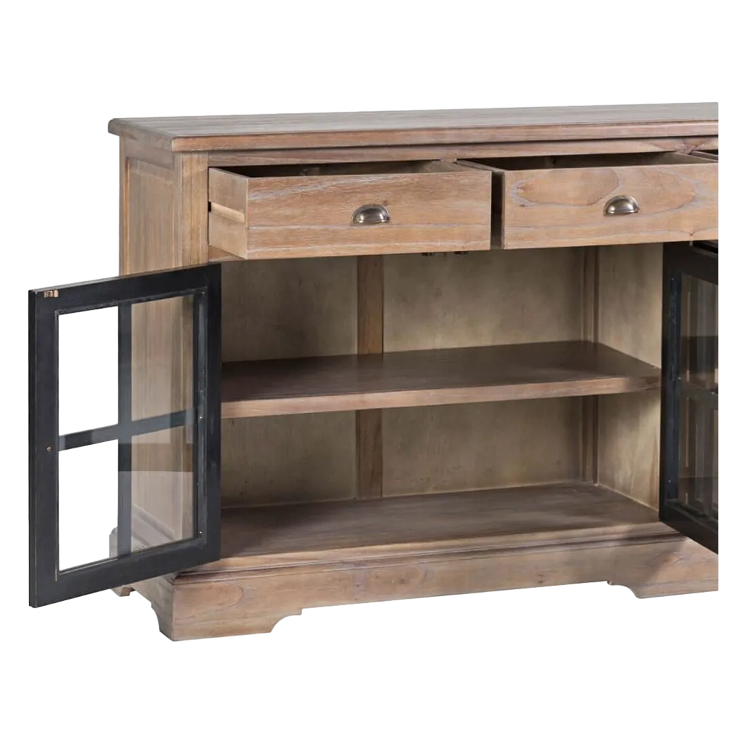 Bufet Siena en mindi maciza con 4 cajones 4 puertas de cristal y 1 estante accesorios de bronce acabado rústico 200x47x90cm - Moycor - 316001MYC - foto-transparente