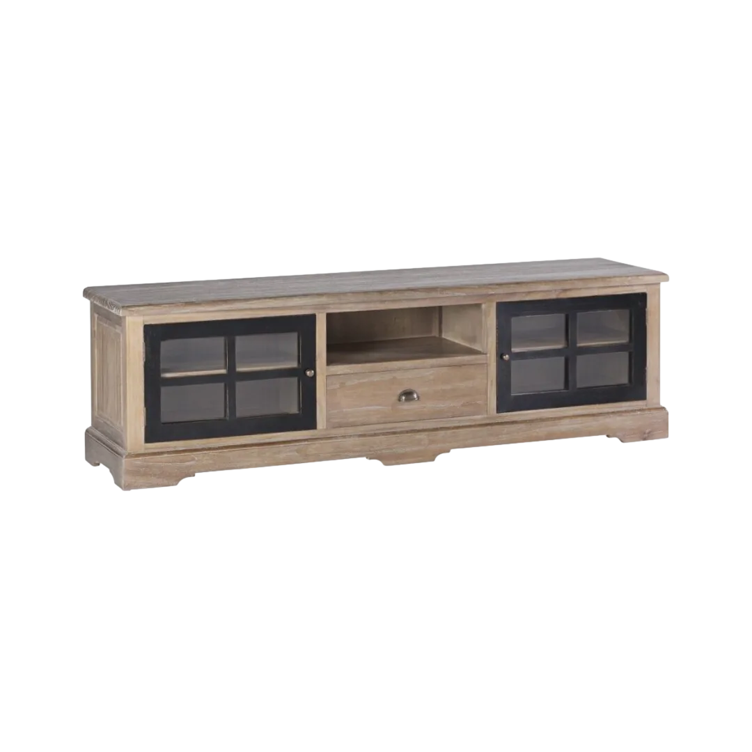 Mueble TV Siena en mindi madera maciza acabado rústico con puertas de cristal y cajón 170x42x50cm - Moycor - 316002MYC - foto-transparente