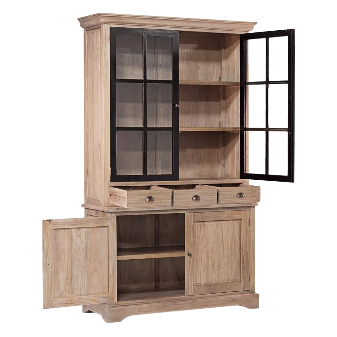 Vitrina en mindi madera maciza accesorios de bronce 3 cajones 2 puertas de cristal con 2 estantes 2 puertas de madera con 1 estante acabado rústico 47x215cm - Moycor - 316004MYC - foto-transparente