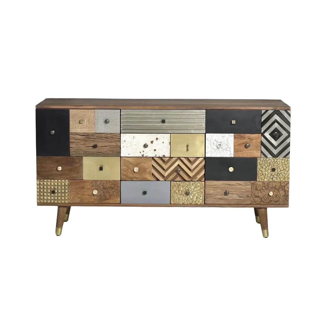 Aparador Mumbai en madera de mango con frontales artesanales 2 puertas 4 cajones patas 19cm 150x40x80cm - Giner y Colomer - 6042GYC - foto-transparente
