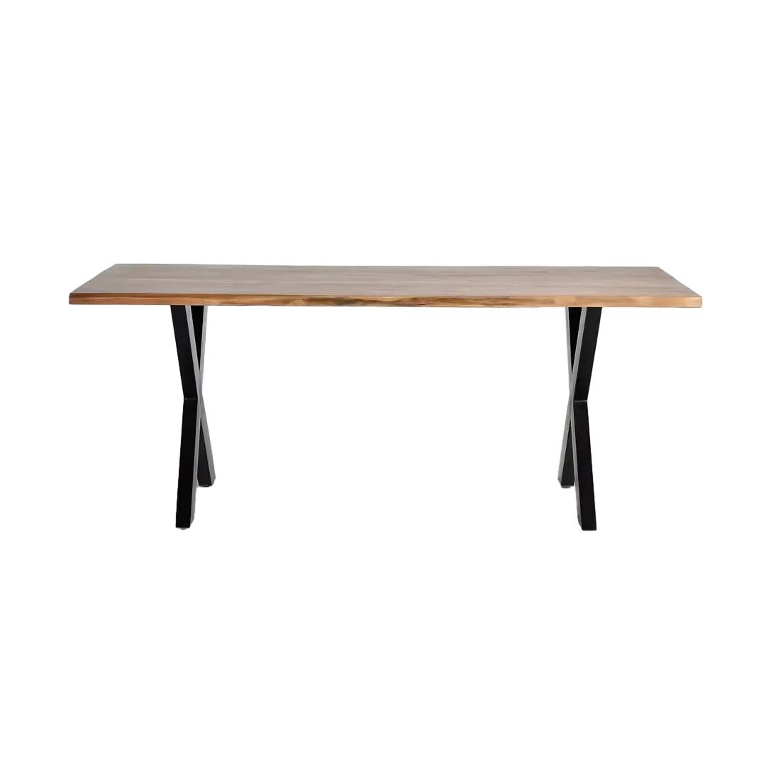 Mesa de comedor Velia rectangular para 8 personas madera de acacia tapa natural bordes de acabado auténtico base metálica negra diseño contemporáneo 200x100x78cm - Giner y Colomer - 6085GYC - foto-transparente