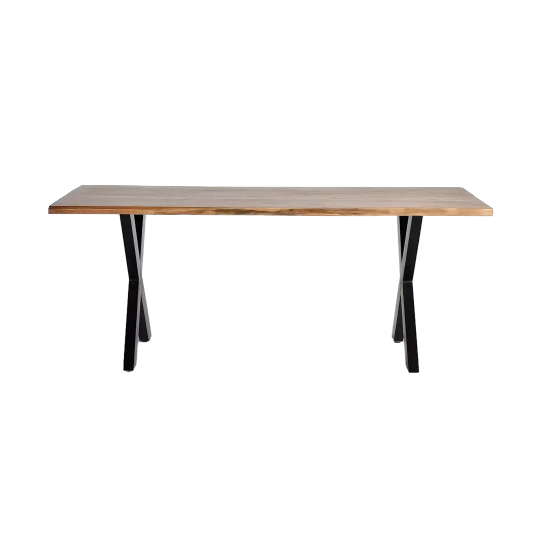 Mesa de comedor Velia rectangular para 10 personas en madera de acacia tapa natural bordes auténticos base metálica negra diseño contemporáneo 240x100x78cm - Giner y Colomer - 6086GYC - foto-transparente