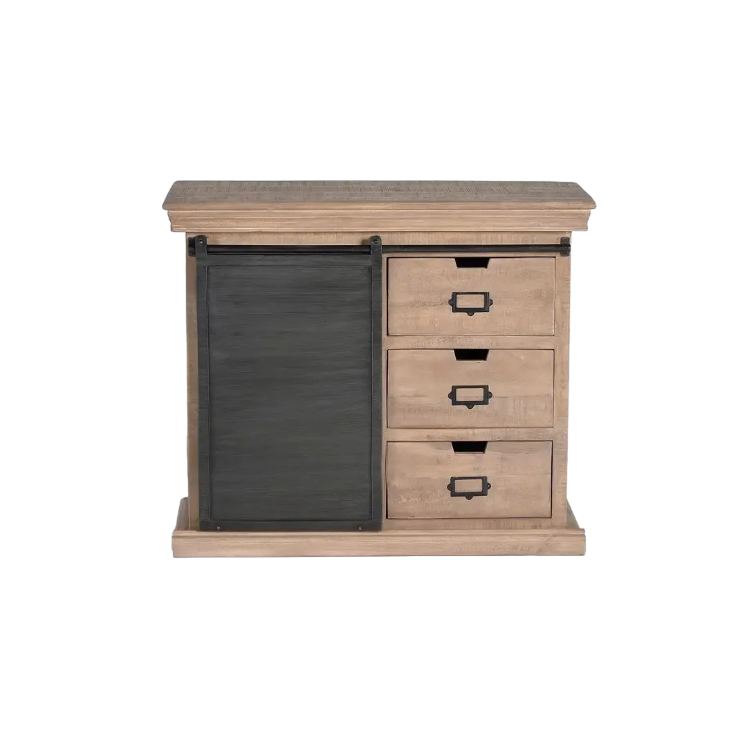 Cómoda Industrial 3 cajones con puerta corrediza acabado natural artesanal en madera 100x40x85cm - Giner y Colomer - 6087GYC - foto-transparente