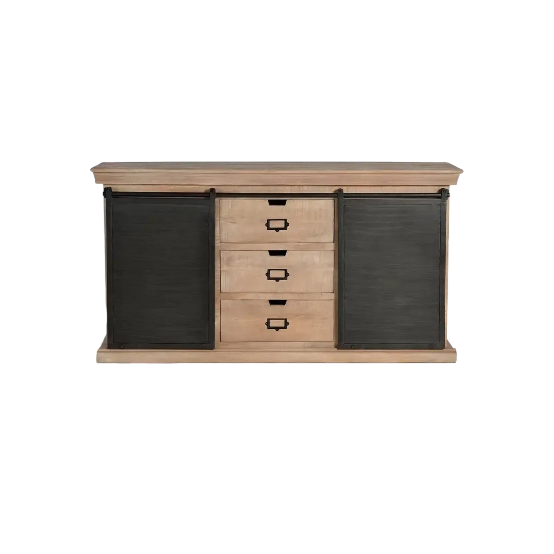 Aparador industrial de madera de mango y metal acabado natural 3 cajones y 2 puertas correderas gris oscuro 160x40x85cm - Giner y Colomer - 6088GYC - foto-transparente