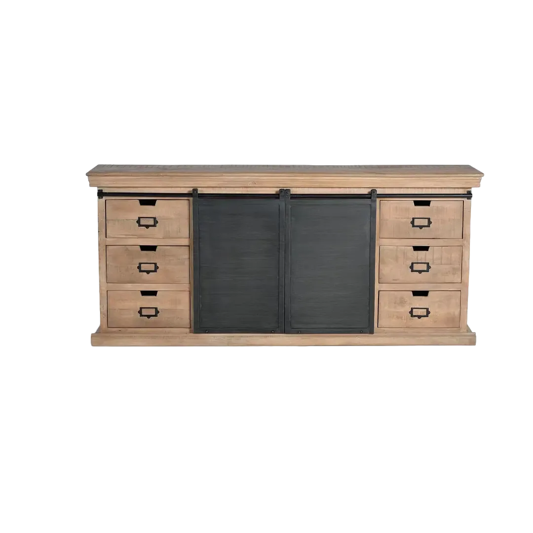 Aparador industrial en madera de mango y metal con 6 cajones y 2 puertas correderas gris oscuro envejecido 190x40x85cm - Giner y Colomer - 6089GYC - foto-transparente