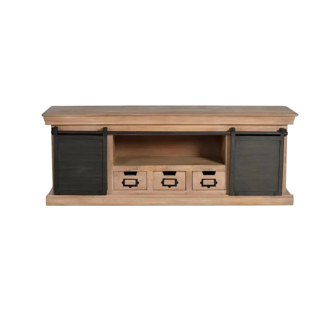 Mueble TV industrial en madera de mango y metal 3 cajones 2 puertas correderas acabado gris oscuro envejecido 150x40x55cm - Giner y Colomer - 6090GYC - foto-transparente