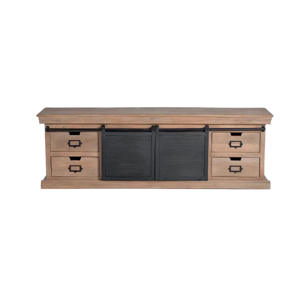 Mueble de TV Industrial en madera de mango y metal con 4 cajones y 2 puertas correderas en gris oscuro envejecido 170x40x55cm - Giner y Colomer - 6091GYC - foto-transparente