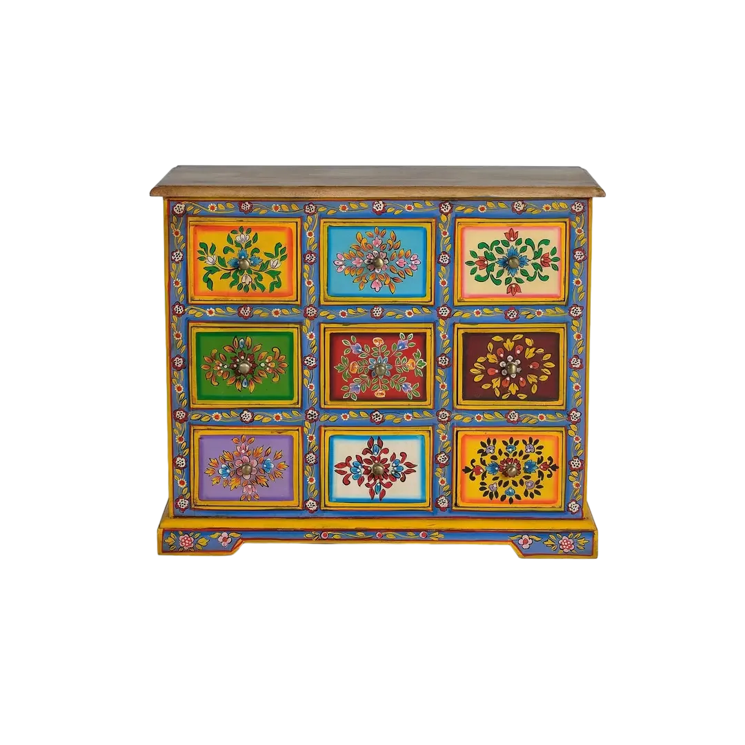 Mueble auxiliar Nivor 9 cajones madera de mango y MDF con acabado artesanal y detalles pintados a mano 70x30x60cm - Giner y Colomer - 6100GYC - foto-transparente