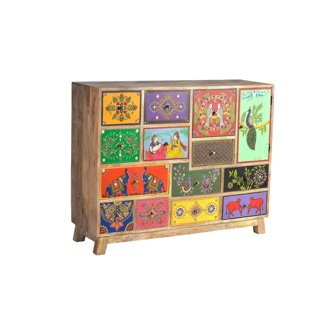 Cómoda Fano en madera de mango artesanal con 13 cajones y 1 puerta frontales pintados a mano multicolor acabado natural 112x36x90cm - Giner y Colomer - 6117GYC - foto-transparente