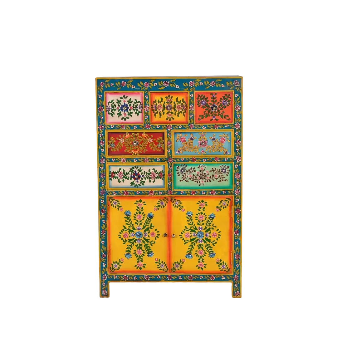 Cómoda Vesal de madera de mango 7 cajones 2 puertas acabado multicolor con detalles pintados a mano 80x40x122cm - Giner y Colomer - 6119GYC - foto-transparente