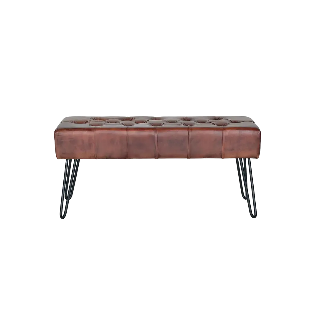 Banco Korinex piel de vacuno estilo Chester patas de metal asiento auxiliar decorativo 96x40x45cm - Giner y Colomer - 6136GYC - foto-transparente