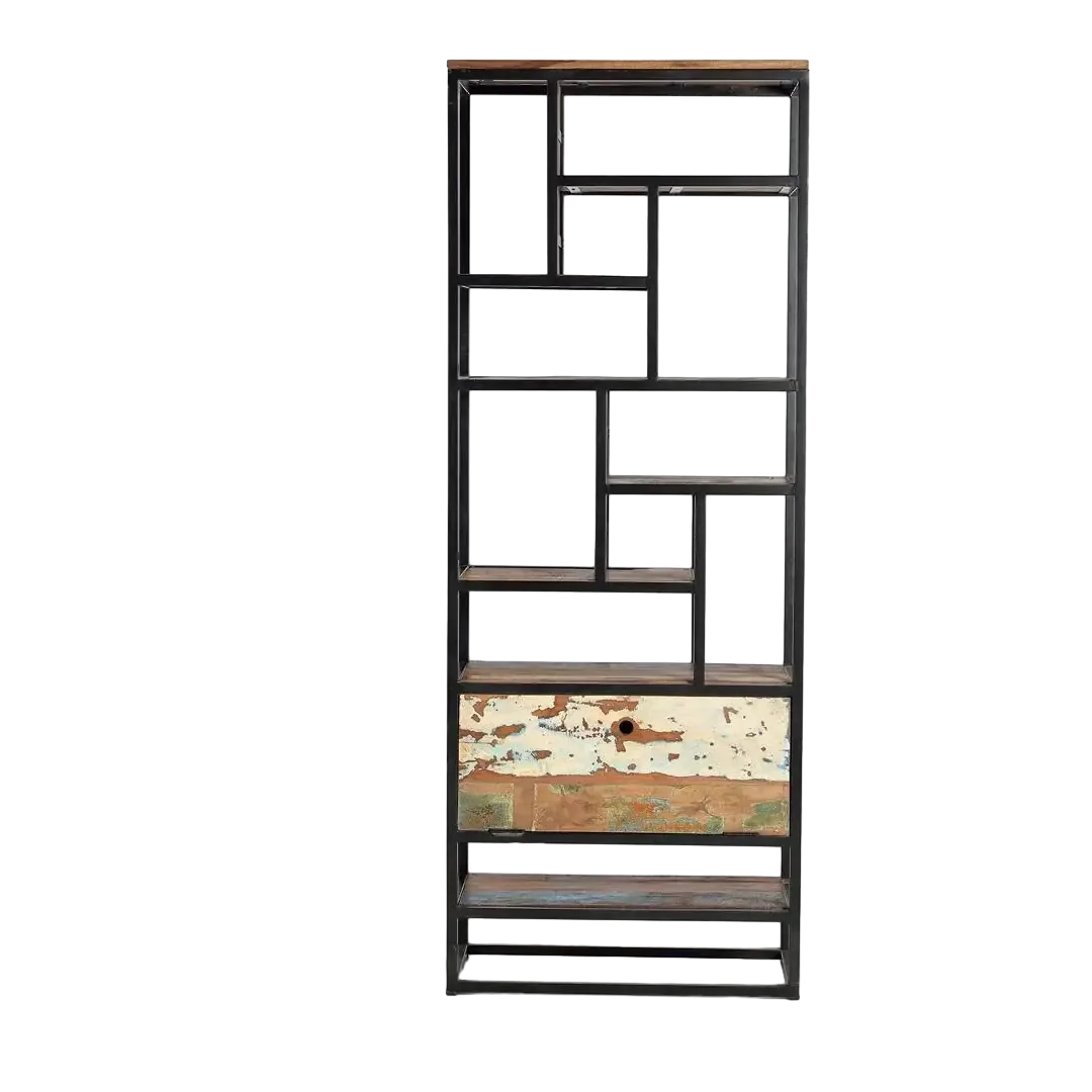 Librería Kairox 1 puerta abatible en madera reciclada y metal multicolor diseño artesanal único 80x40x212cm - Giner y Colomer - 6168GYC - foto-transparente