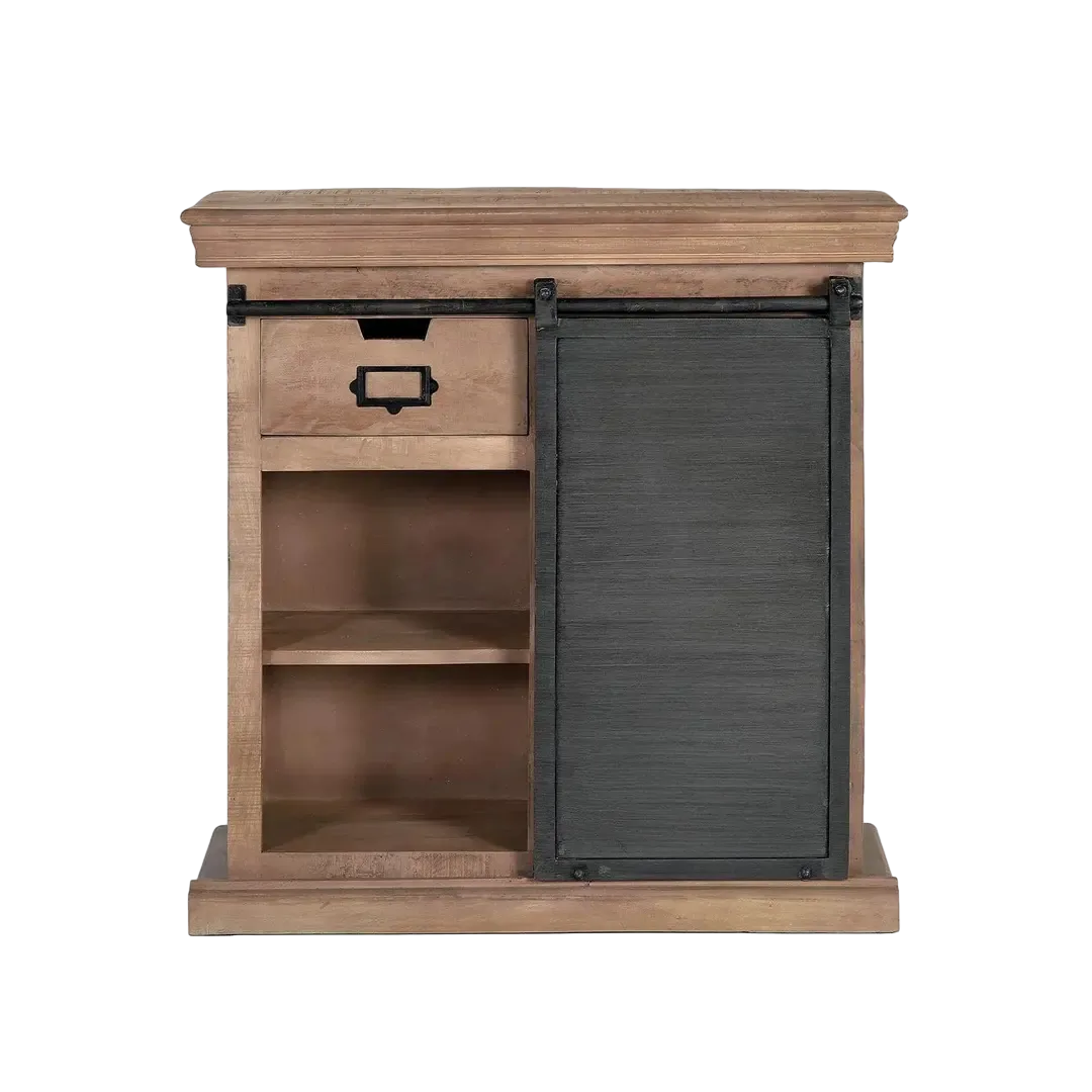Aparador Industrial en madera de mango con puerta corredera de metal gris oscuro envejecido y dos cajones acabado natural 85x32x85cm - Giner y Colomer - 6191GYC - foto-transparente