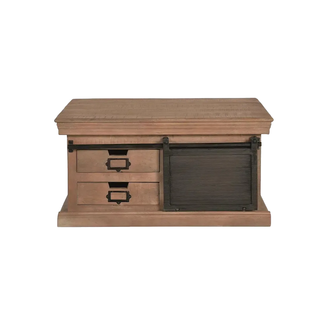 Mesa de centro cuadrada industrial en madera de mango y metal con 4 cajones y 2 puertas acabado gris oscuro envejecido 90x90x45cm - Giner y Colomer - 6194GYC - foto-transparente