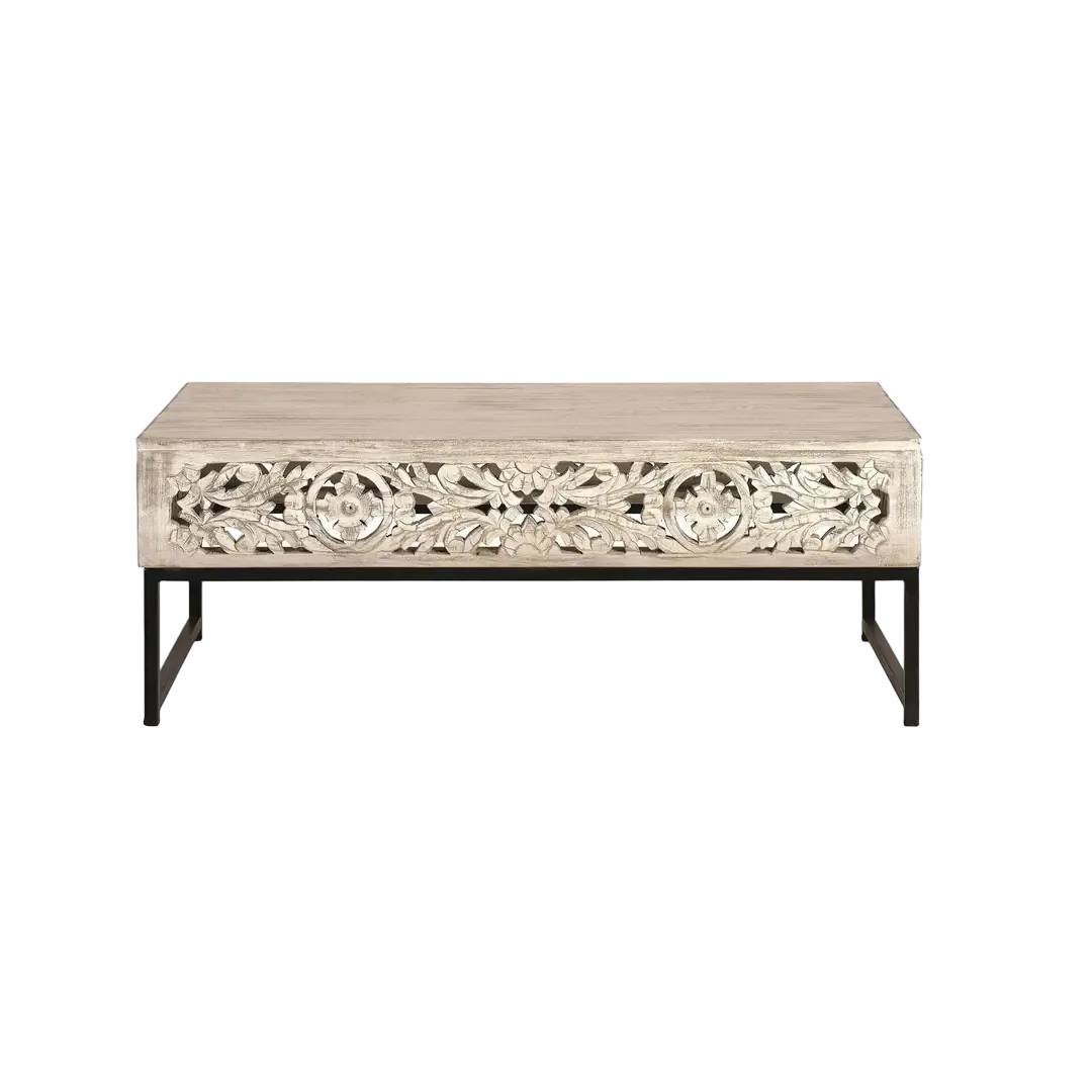 Mesa de centro Mykonos rectangular en madera de mango y metal acabado blanco envejecido estilo vintage rústico bohemio 110x60x40cm - Giner y Colomer - 6198GYC - foto-transparente