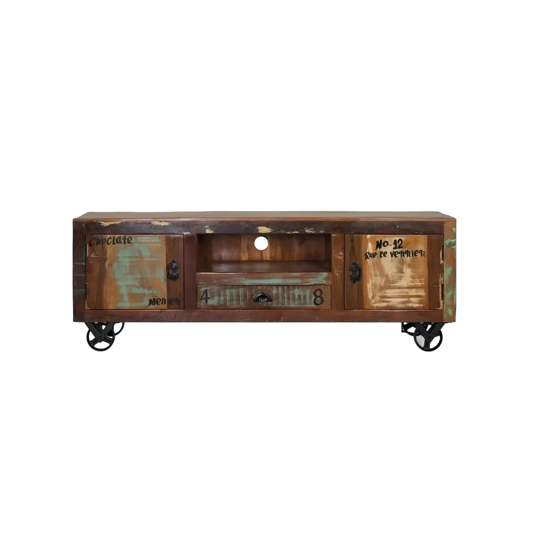 Mueble TV Verrier madera maciza reciclada 2 puertas 1 cajón ruedas de hierro acabado único 160x40x55cm - Giner y Colomer - 6295GYC - foto-transparente