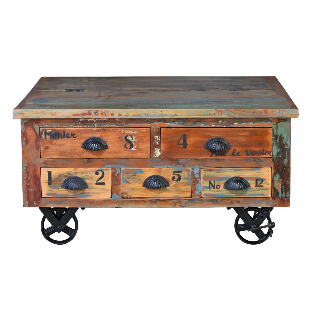 Mesa de centro Verrier cuadrada en madera auténtica reciclada multicolor con ruedas de hierro 5 cajones apertura superior 90x90x40cm - Giner y Colomer - 6300GYC - foto-transparente