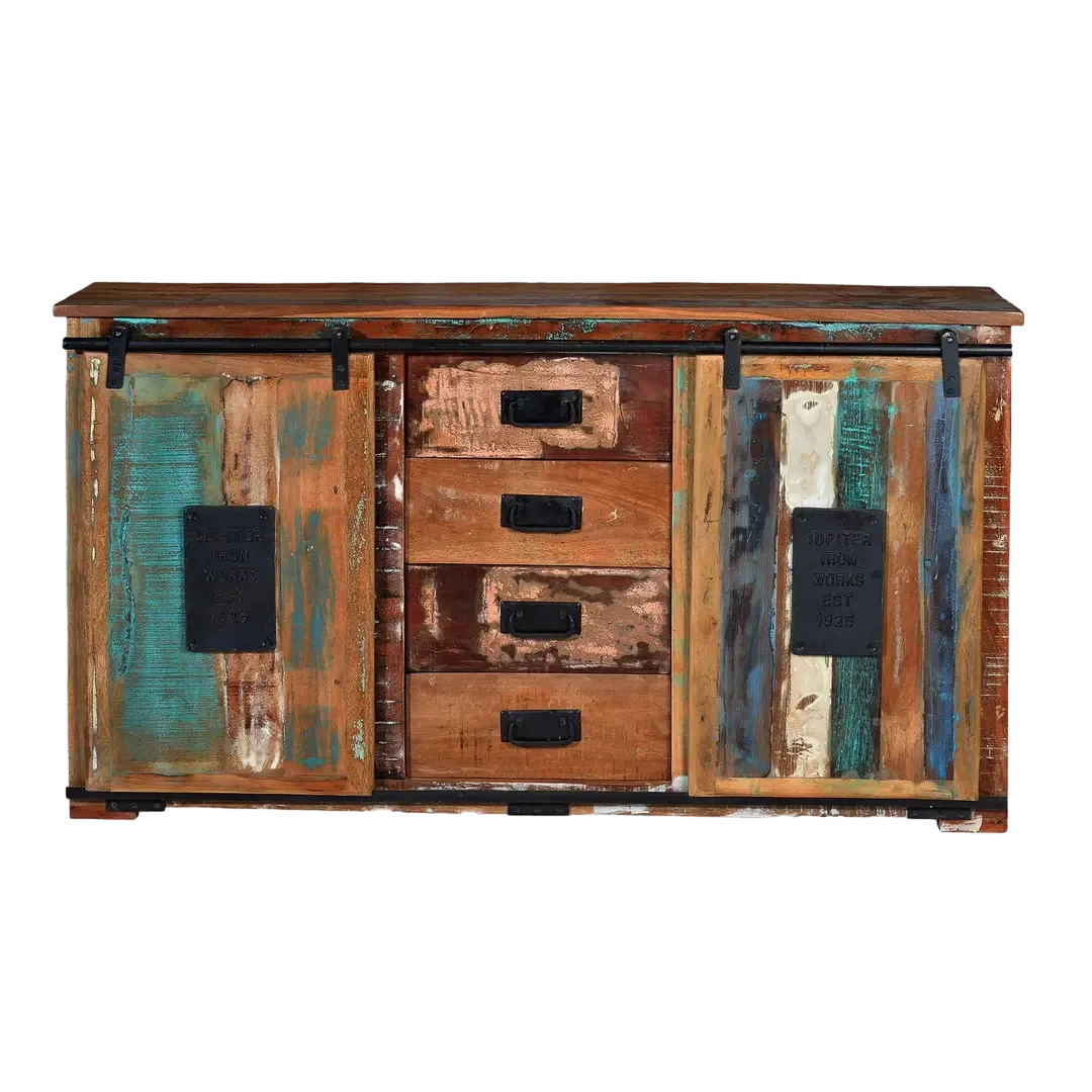 Aparador Yapen madera reciclada multicolor 4 cajones 2 puertas correderas estilo artesanal 150x38x81cm - Giner y Colomer - 6358GYC - foto-transparente