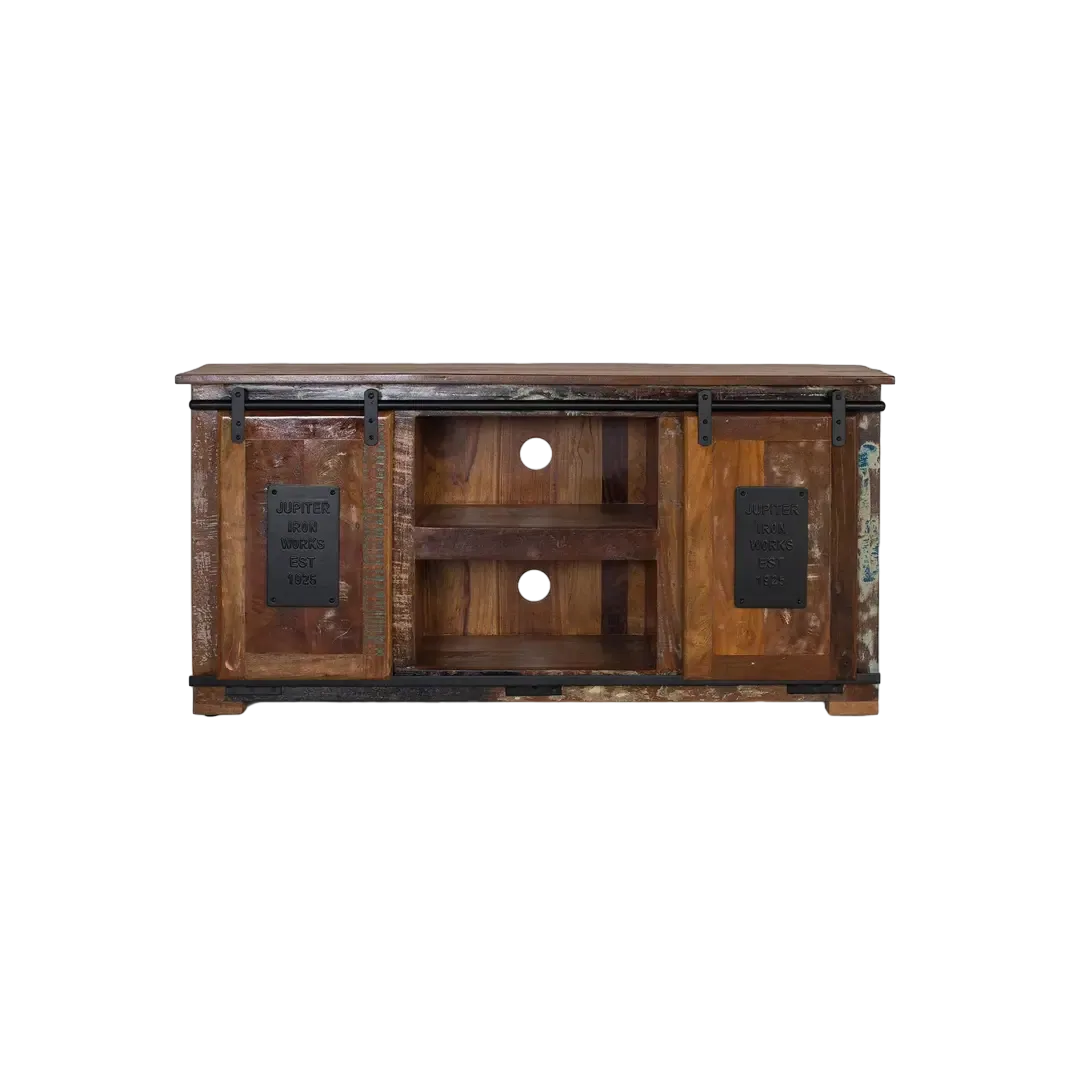 Mueble TV Yapen madera reciclada 2 puertas correderas con estante y orificios para cables 130x40x62cm - Giner y Colomer - 6359GYC - foto-transparente