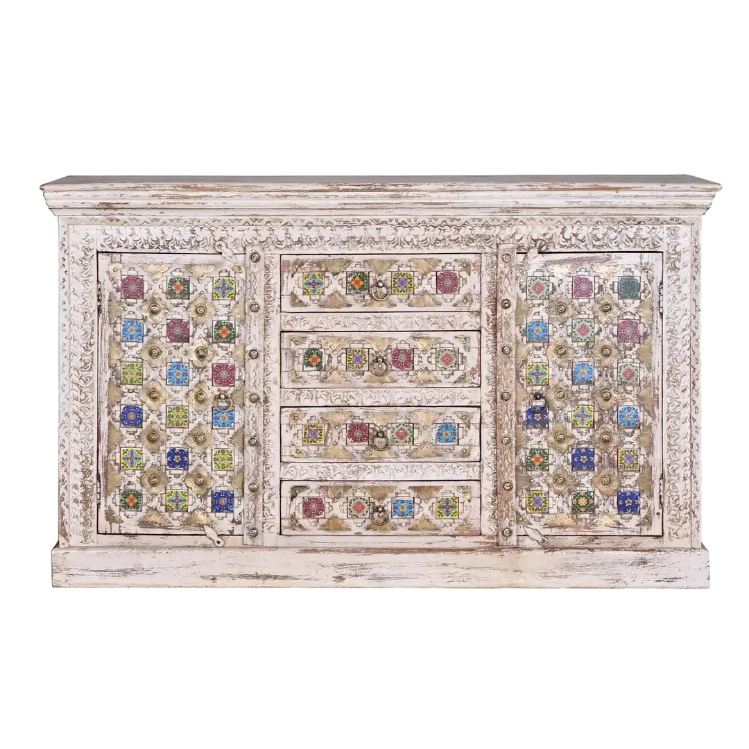 Aparador Bakhra en madera de mango maciza con detalles en cerámica y bronce diseño artesanal y espacio interior funcional 150x40x90cm - Giner y Colomer - 6577GYC - foto-transparente