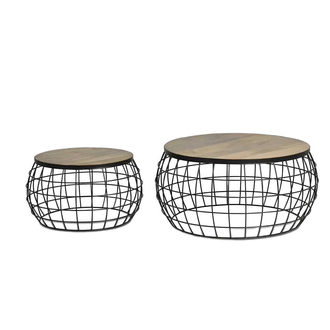Set de 2 mesas de centro Lume madera de mango base de hierro acabado natural diseño contemporáneo y Grande 76. pequeña 58xGrande 76. pequeña 58xGrande 36. pequeña 31cm - Giner y Colomer - 6596GYC - foto-transparente