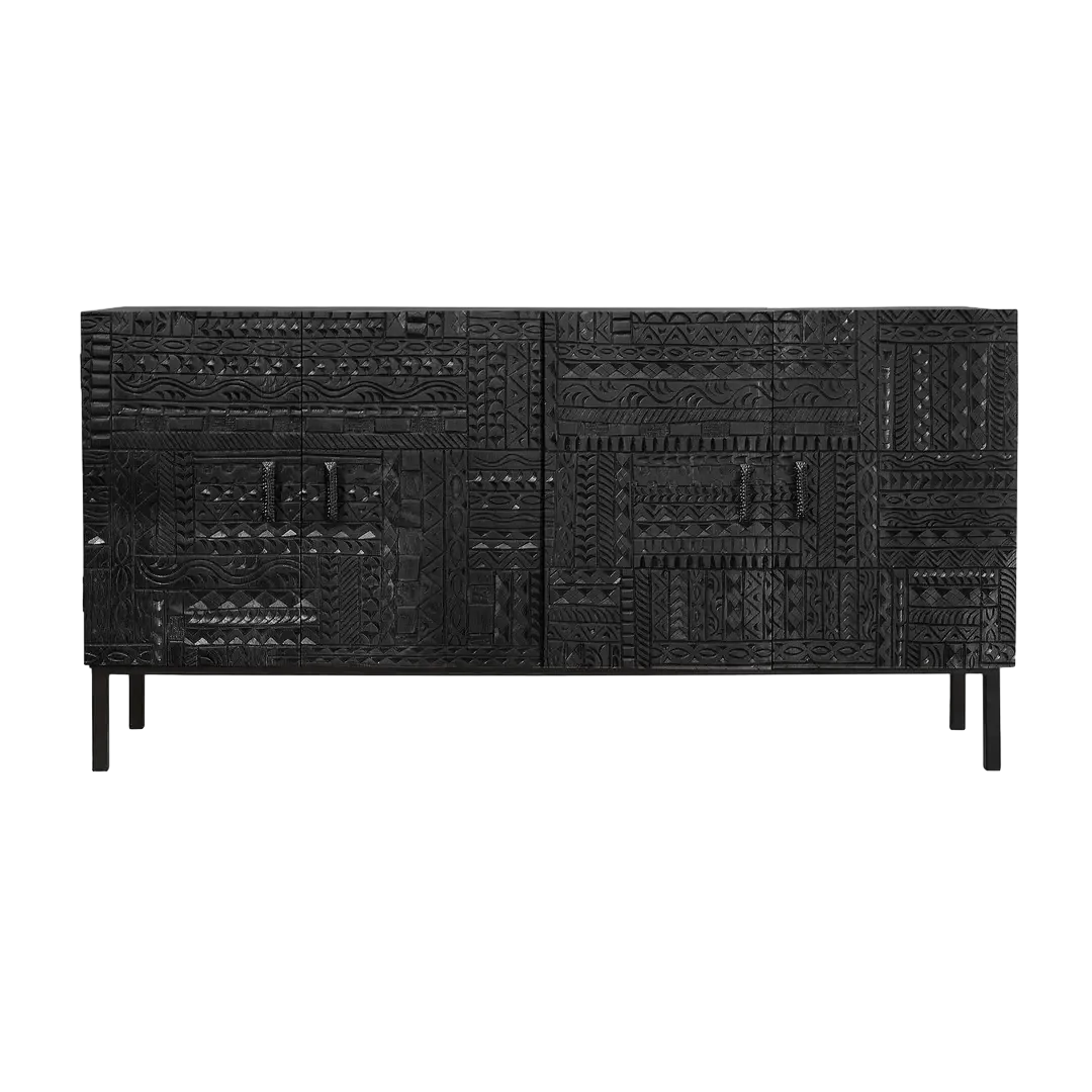 Aparador Jeroglifico 4 puertas madera de mango maciza con pies de hierro y detalles tallados a mano en negro interior con estantes 180x40x85cm - Giner y Colomer - 6714GYC - foto-transparente