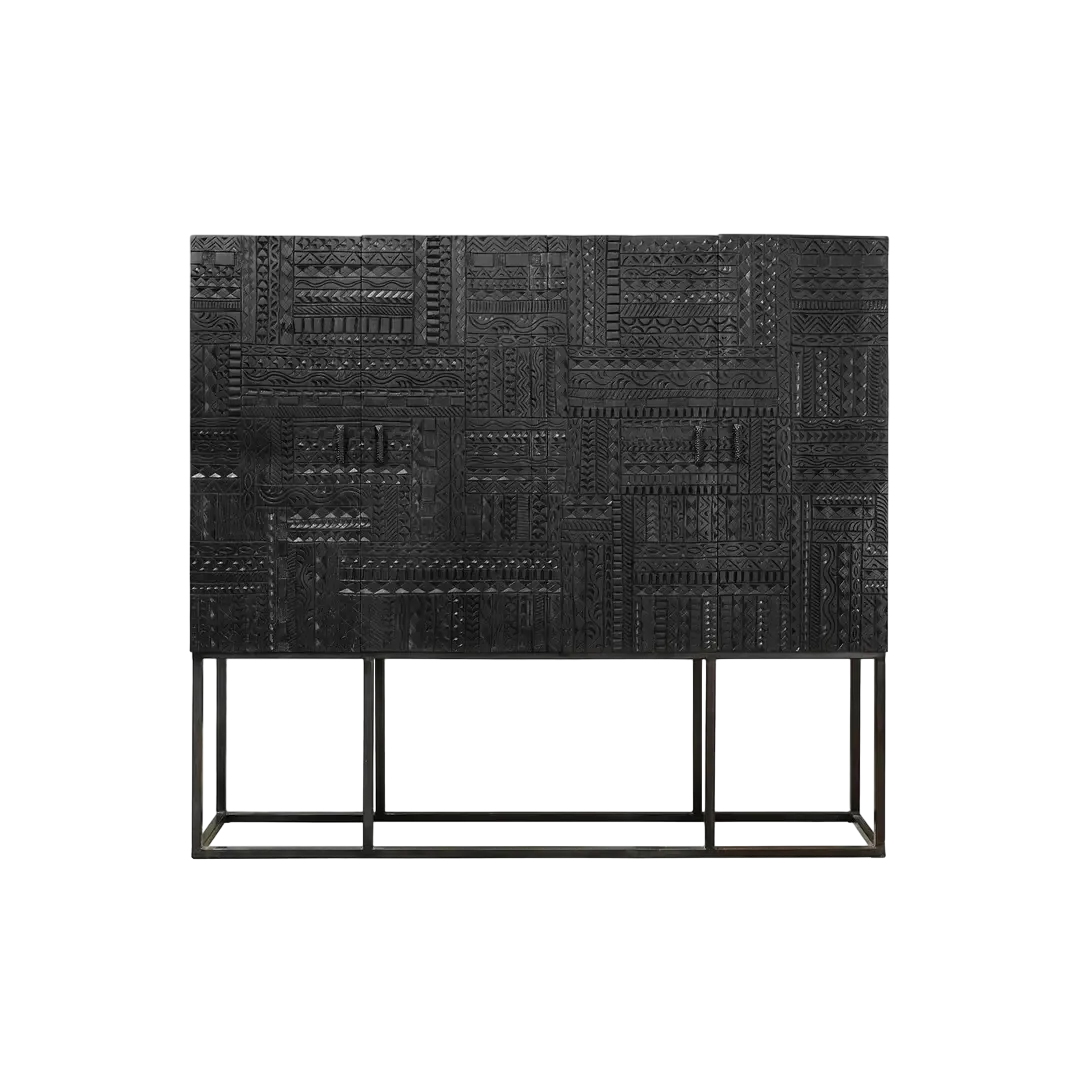 Armario Jeroglífico 4 puertas talladas a mano madera de mango maciza base de hierro acabado negro con estantes interiores 180x40x160cm - Giner y Colomer - 6715GYC - foto-transparente