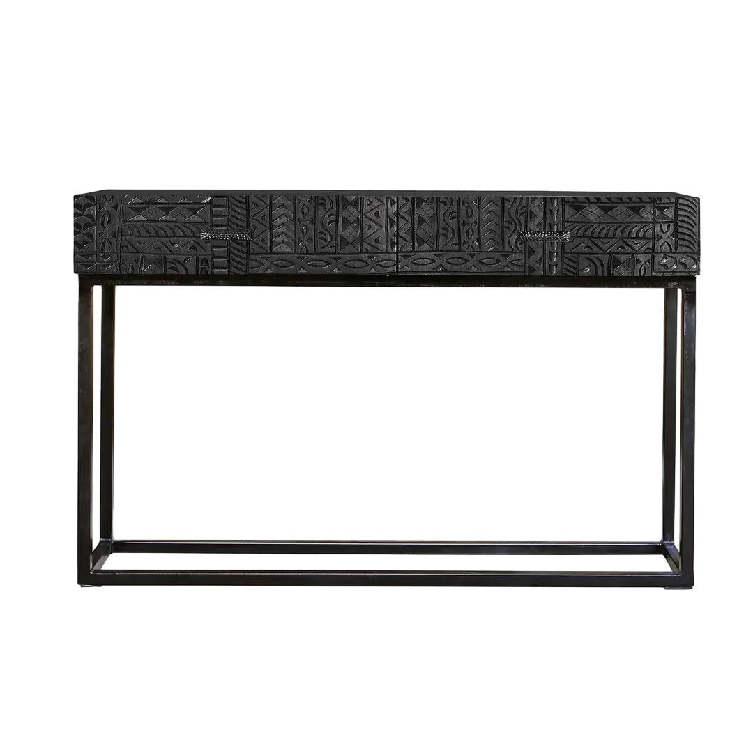 Consola Jeroglifico en madera de mango tallada con base metálica negra y 2 cajones 120x30x76cm - Giner y Colomer - 6719GYC - foto-transparente