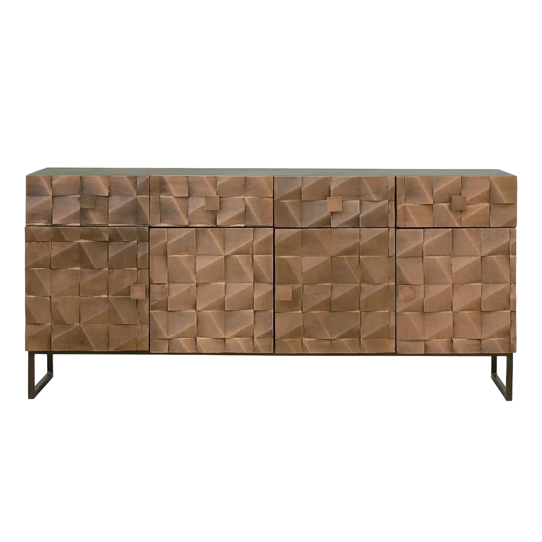 Aparador Cobre en madera maciza 4 puertas 4 cajones base de hierro y frontis en cobre 170x42x80cm - Giner y Colomer - 6729GYC - foto-transparente