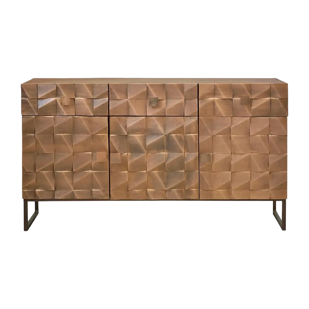 Aparador Cobre 3 puertas 3 cajones en madera de mango maciza con base de hierro y frontis de cobre 140x42x80cm - Giner y Colomer - 6730GYC - foto-transparente