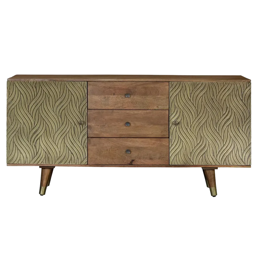 Aparador Savana madera de mango maciza 2 puertas 3 cajones acabado marrón detalles en bronce patas 19cm 160x40x76cm - Giner y Colomer - 6762GYC - foto-transparente